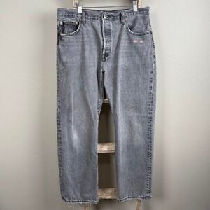 Levi Strauss Black‎ Faded 501 Button Fly Denim Cat Embroidered Jeans 32x28